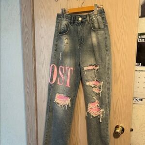 Women's Gray Distressed Boyfriend Jeans with Pink Patch Accents